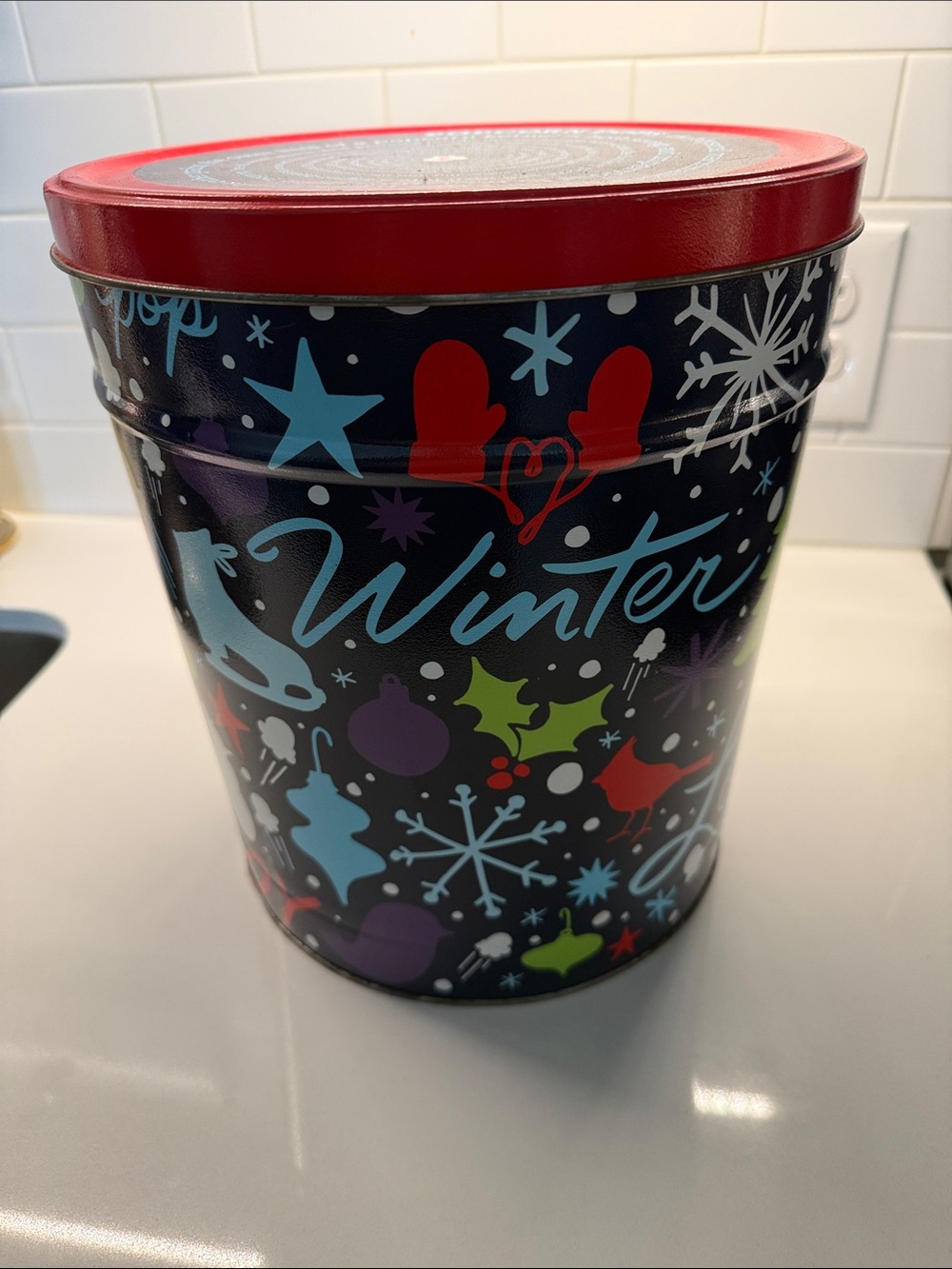 Winter-Themed Decorative Tin Canister with Red Lid